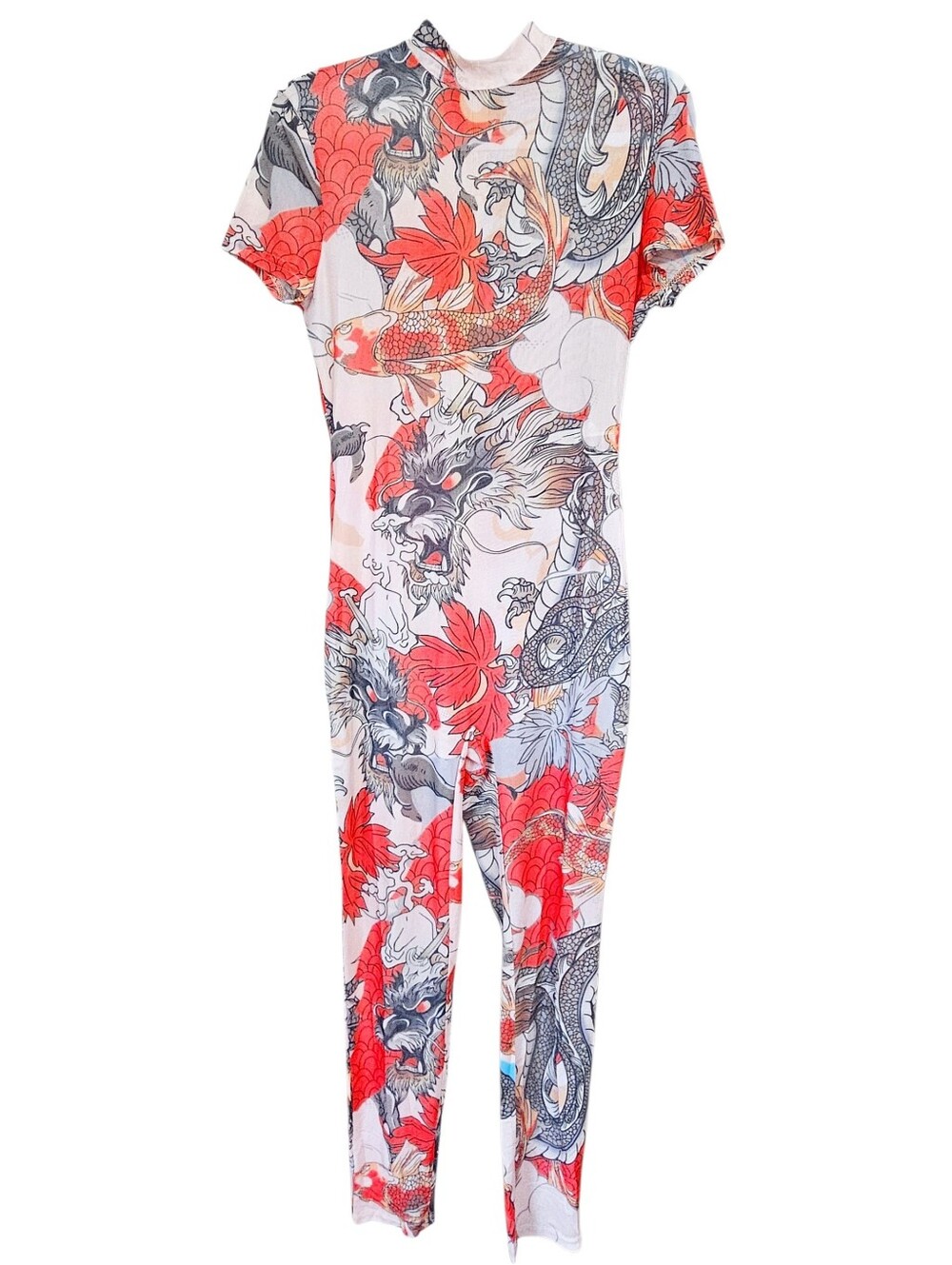 SHEIN Dragon & Koi Print Sheer Jumpsuit Mock Neck Short Sleeve Stretch Bodysuit